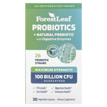 Forest Leaf, Probiotics + Natural Prebiotic with Digestive Enzymes, Maximum Strength, 30 Vegetarian Capsules