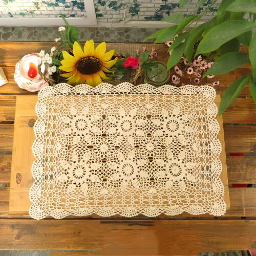 AUQ Handmade Crochet,Tablecloth Cotton Lace Rectangular Table Placemat Sofa Doilies15.75x23.62" Beige 1