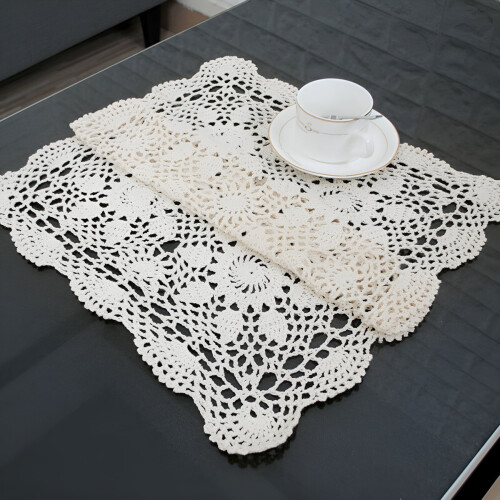 AUQ Handmade Crochet,Tablecloth Cotton Lace Rectangular Table Placemat Sofa Doilies15.75x23.62" Beige 2
