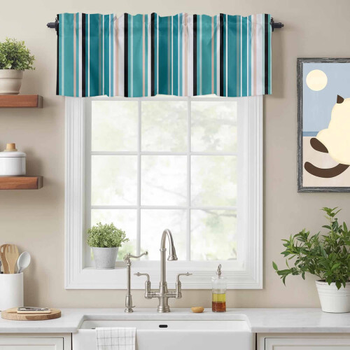 Geometric Vertical Stripes Rod Pocket Valance Blue Teal 1