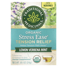 Traditional Medicinals, Organic Stress Ease Tension Relief, Lemon Verbena Mint, Koffievrij, 16 Verpakte Thee Zakjes, 0.85 oz (24 g)