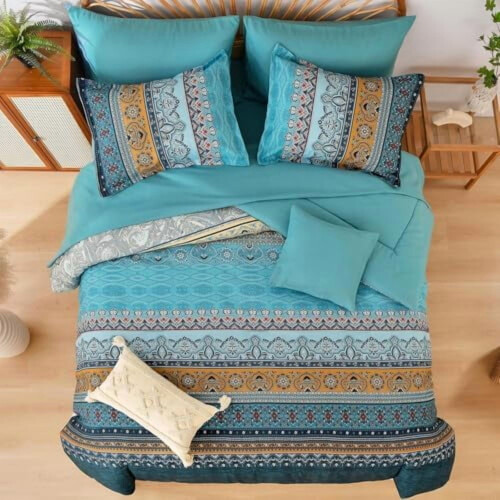 Boho Comforter Set Microfiber 8-Piece Teal Yellow 2