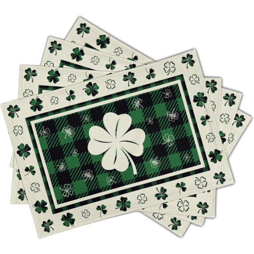 Σετ σουπλά Lucky Clover 4 τεμαχίων, 12x18", πλενόμενο λινό, καρό τριφύλλι και βουβαλίσιο, 1