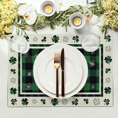 Σετ σουπλά Lucky Clover 4 τεμαχίων, 12x18", πλενόμενο λινό, καρό τριφύλλι και βουβαλίσιο, 2
