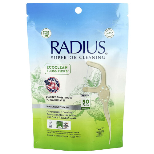 RADIUS, EcoClean Floss Picks, Pepermunt, 50 Compostabele Floss Picks