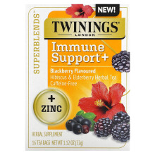 Twinings, Superblendingar, Immunsupport+, Hibiskus & Elderberry Herbal Te, Blackberry, Koffeinfri, 16 Teveckor, 1,12 oz (32 g)