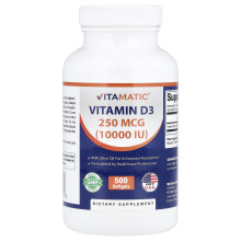 Vitamatic, Witamina D3, 250 mcg (10 000 IU), 500 Kapsułek