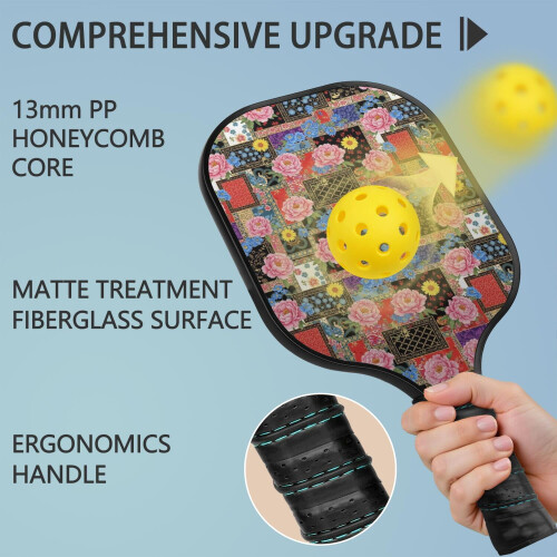Σετ κουπιών Pickleball με κουπιά από fiberglass σε σχέδια λουλουδιών, 2 μπάλες και τσάντα – 1