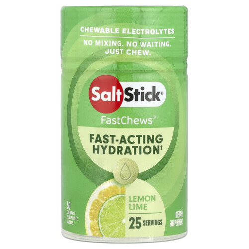 SaltStick, FastChews, Chewable Electrolytes, Lemon Lime, 50 Chewable Tablets