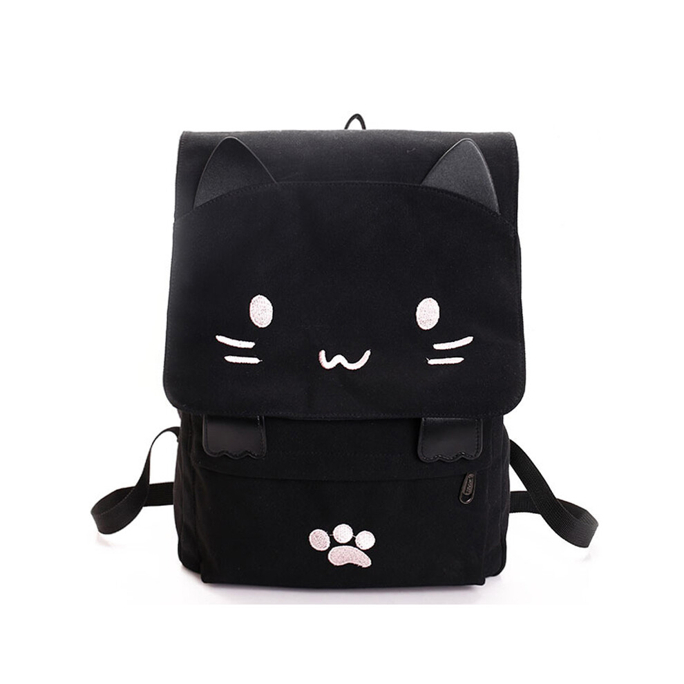 Fashion Cute Cat Embroidery Canvas Student Bag Cartoons Women Backpack Leisure School Bag & Black/White 4711174983780