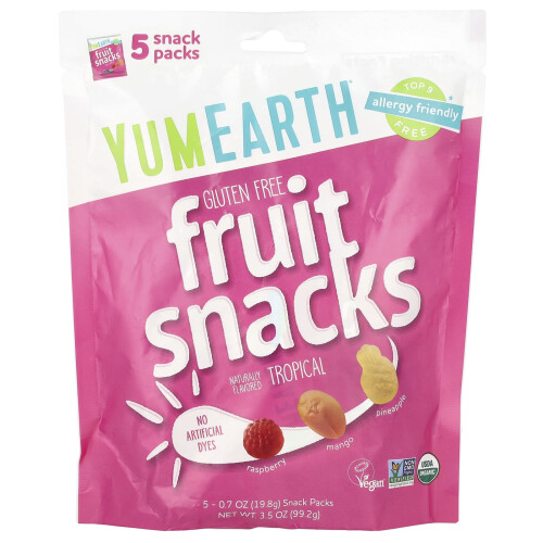 YumEarth, Γλουτένη-Free Φρούτα Σνακ, Τροπικά, 5 Σνακ Πακέτα, 0.7 oz (19.8 g) Κάθε