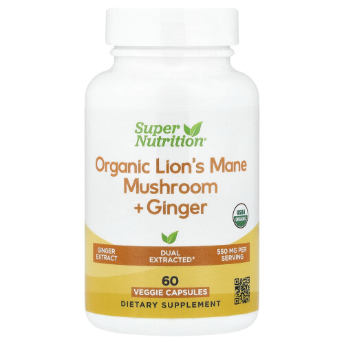 Super Nutrition, Οργανική Λέων Μανό Μύκητας + Γίντζερ, 60 Βεγέταρια Φιαλίδια