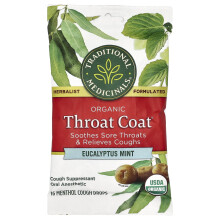Organic Throat Coat Drops, Eukalyptus Mint, 16 Menthol Kuivattava Kouristuslääke