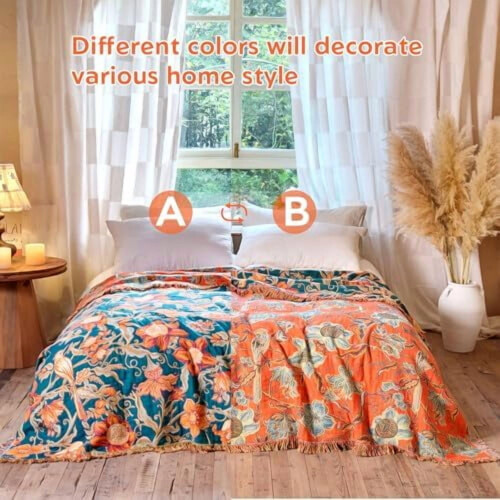 Κουβέρτα από βαμβάκι boho 50"x60" – Σχέδιο με λουλούδια και πουλιά, αναπνεύσιμη και 1