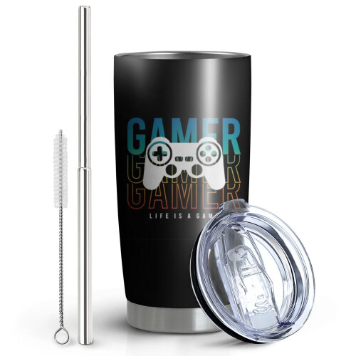Gaming-Becher, 590 ml, Edelstahl mit Strohhalmdeckel 1