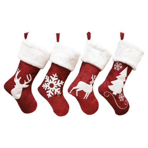 Conjunto de 4 meias de Natal de pelúcia vermelha de 45 cm (18 polegadas) 1