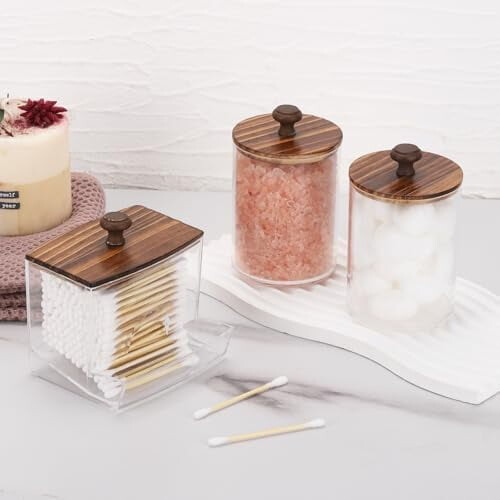 Transparenter Wattestäbchenhalter aus Kunststoff – 355 ml, 2er-Pack mit Bambusdeckel 2