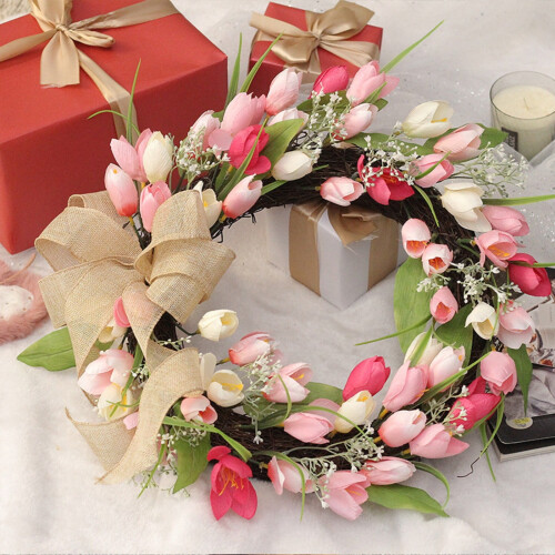 Bicolor Tulip Wreath 45cm Artificial Spring Door Decor 1