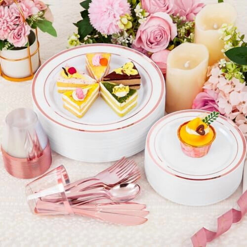 Σετ σερβίτσιων μιας χρήσης Rose Gold 450 τεμαχίων για 75 άτομα – Συμβατό με γάμο, ημέρα 1