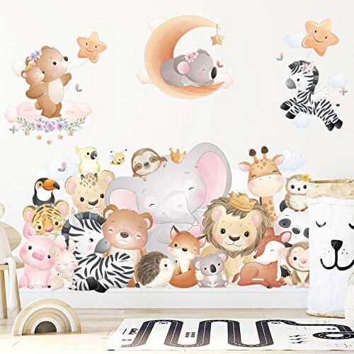 Adesivos de parede com animais da selva: elefante, girafa, zebra e leão. 1