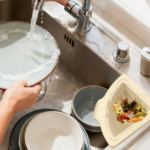 Drainage & Filter Basket, Triangular Sink Strainer with Twist-Open Bottom, Kitchen Sink Corner Rack for Draining & Storage Beige 1