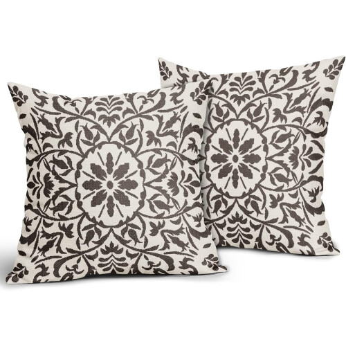 Σκούρο καφέ Boho μαξιλάρια 16x16", Vintage εκτύπωση λουλουδιών, λινά τετράγωνα μαξιλάρια, 1