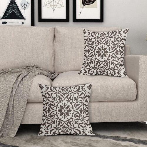Σκούρο καφέ Boho μαξιλάρια 16x16", Vintage εκτύπωση λουλουδιών, λινά τετράγωνα μαξιλάρια, 2