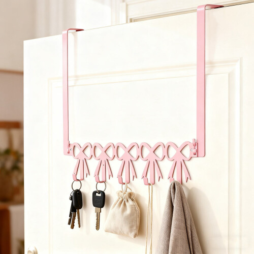 Cabide de porta com laço rosa – 5 ganchos, metal 1