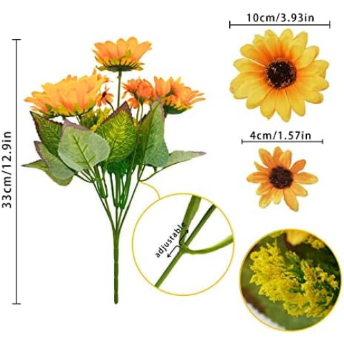 Girasoli artificiali in seta, set da 7 steli, 4 pezzi, arancione e giallo 1