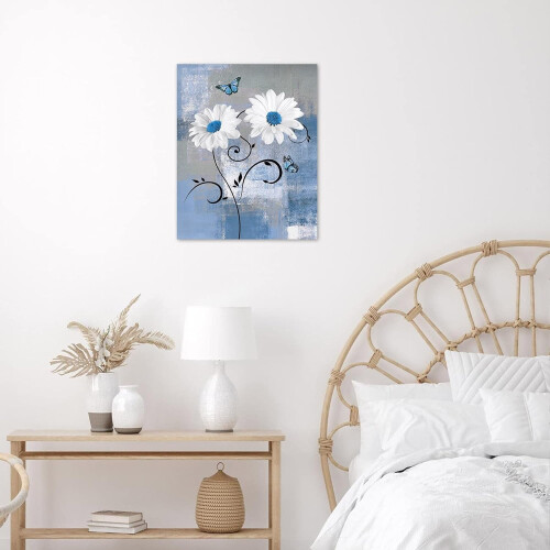 Quadro decorativo floral com borboleta azul e branca, 30x40cm (12x16 polegadas) 2