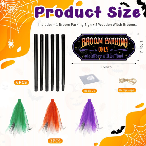 Διακοσμήσεις για το Halloween - Πινακίδα στάθμευσης με 3 ξύλινες σκούπες μαγισσών για 2