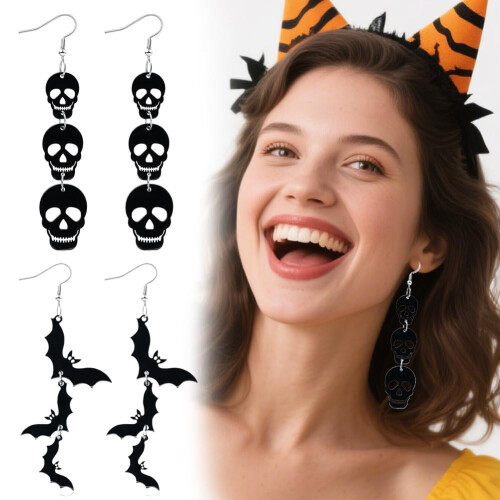 Ακρυλικά σκουλαρίκια για το Halloween με μαύρη νεκροκεφαλή σε σχήμα νυχτερίδας, 1 2