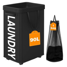 Kosz na Pranie na Kółkach O Pojemności 90 L, 29-Calowy Kosz na Pranie z Kółkami i Wyjmowaną Siatkową Torbą, Czarny