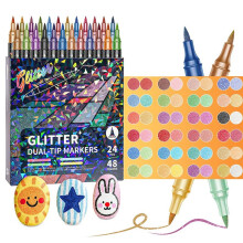 Feutres à Effet Pailleté pour Gribouillages, Double Pointe, Bicolores, 48 Couleurs
