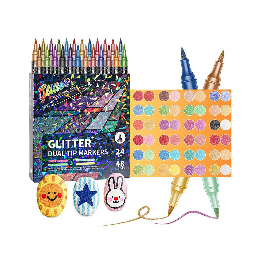 Tauoh Glitter Effect Brush Markers For Doodle Writing, Dual Tip Dual Color Shimmer 48 Colors
