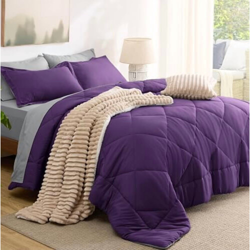 Juego de edredón King reversible morado de 7 piezas 2