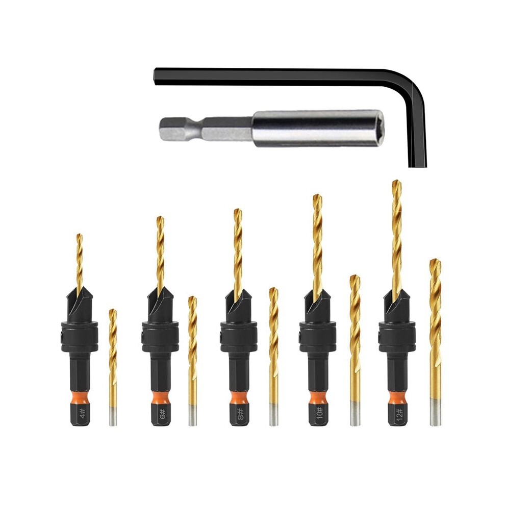 12Pc Hss Adjustable Countersunk Drill Bits For Woodworking, Sizes 4, 6, 8, 10, 12, Withmagnetic Extension Drill Bit 4712166971389