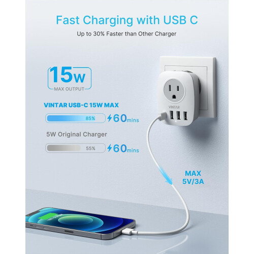 Πακέτο 2 προσαρμογέων ταξιδιού EU με 1 USB-C, 2 πρίζες ΗΠΑ, 3 θύρες USB, 6 σε 1 – Συμβατό με 2