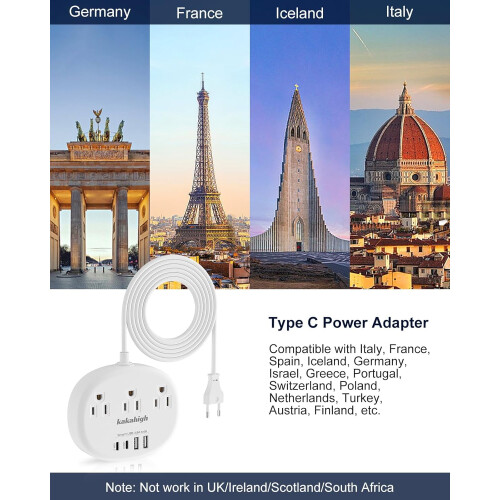 Προσαρμογέας βύσματος ταξιδιού EU με USB-C, 3 πρίζες AC, 4 θύρες 1
