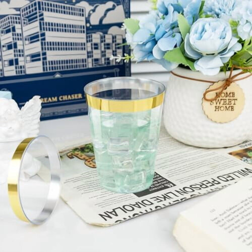 60 τεμάχια 10oz διάφανα πλαστικά ποτήρια με χρυσό φινίρισμα, βαριά ποτήρια κρασιού 2