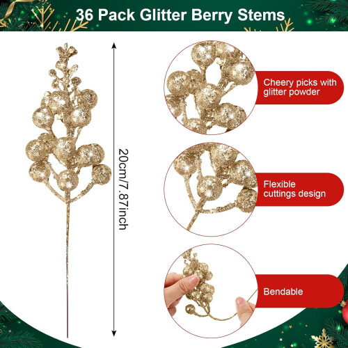 Hastes de frutinhas natalinas com glitter Zoezoe, 10 unidades, 20 cm (7,9 polegadas) 1