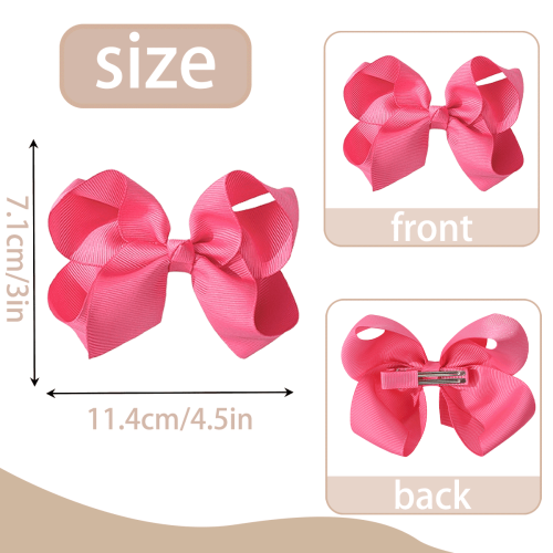 12pcs4.5in Solid Pink Ribbon Hair Bows Voluminous Design Clips 1