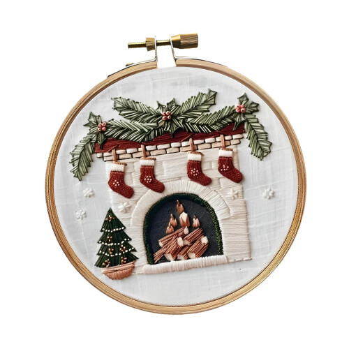Christmas Embroidery Kit Christmas Pattern DIY Needlepoint Set with Instructions Fireplace 1