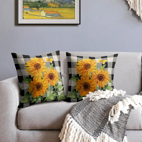 Conjunto de 2 capas de almofada com estampa de girassol em linho, 40x40cm (16x16 polegadas). 2