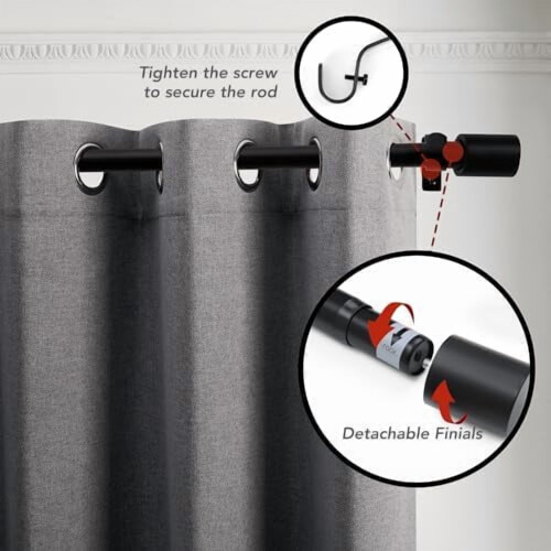 Varão de cortina preto ajustável de 3/4 de polegada (19 mm) - 48-84 polegadas (122-213 cm) 2
