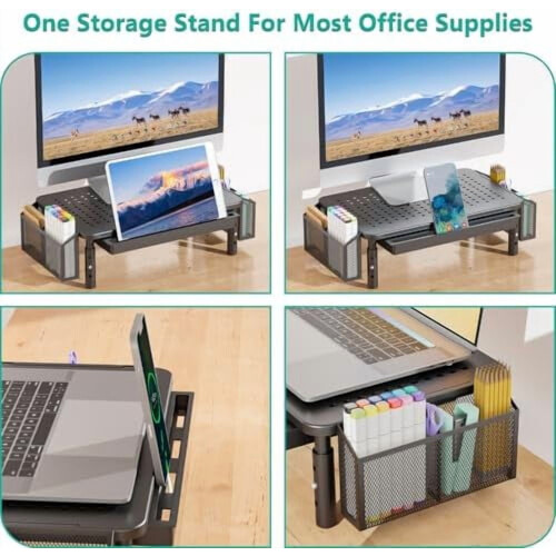 Monitor Stand with Storage Black 3-Height Adjustable 2