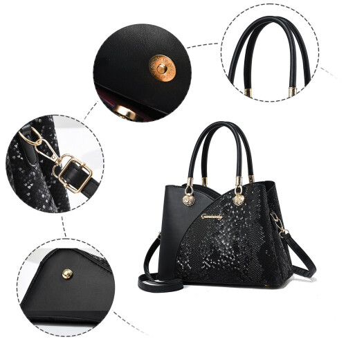 Γυναικεία μαύρη τσάντα Satchel με λαβή στο πάνω μέρος και πολλαπλές τσάντες 2