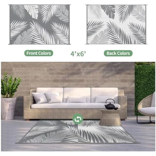 Outdoor rug waterproof 4 ft x 6 ft reversible grey white 1