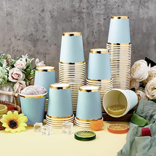 100 gobelets en papier rose clair et or de 255 ml 2