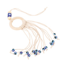 Hand Woven Blue Evil Eye Ornament Cotton Rope Wooden Ring Pendant for Car & Home